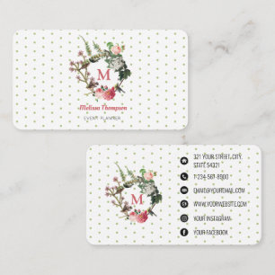 Monogram Vintage Floral Bird Wreath Event Planner Business Card