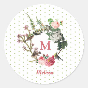 Monogram Vintage Floral & Bird Wreath Polka Dots Classic Round Sticker