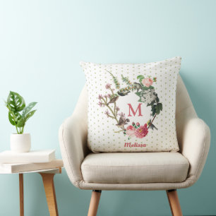 Monogram Vintage Floral & Bird Wreath Polka Dots Cushion