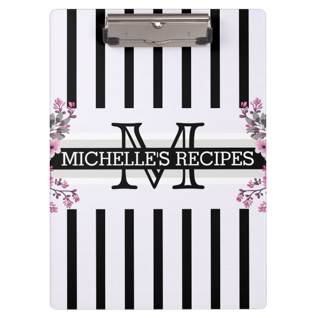 Monogram Vintage Floral Black Stripes Clipboard (Front)