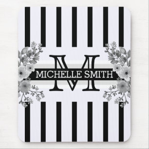 Monogram Vintage Floral Black Stripes Mouse Pad