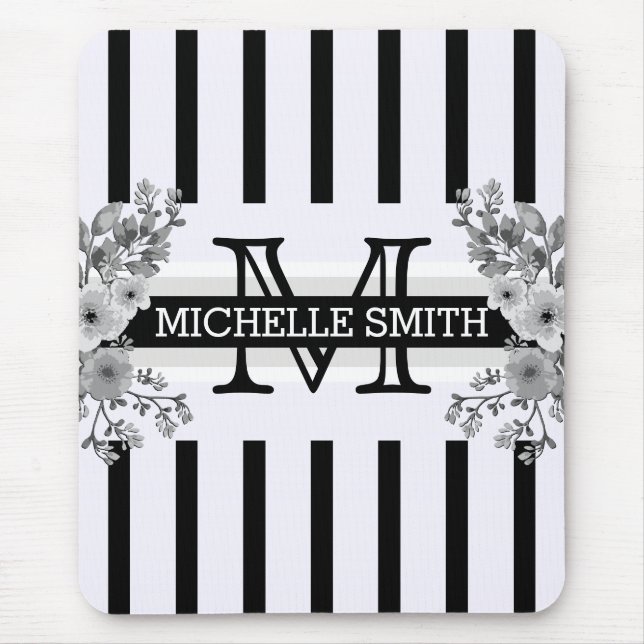 Monogram Vintage Floral Black Stripes Mouse Pad (Front)