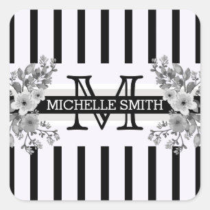 Monogram Vintage Floral Black Stripes Square Sticker
