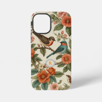 Monogram vintage floral botanical birds pattern