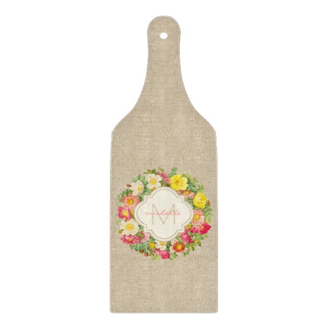 Monogram Vintage Floral Wreath Linen Cutting Board (Front)
