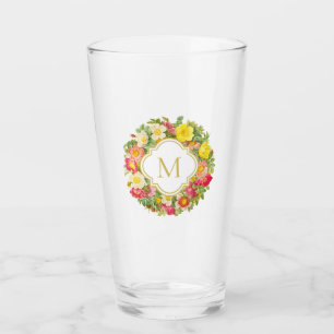 Monogram Vintage Floral Wreath Wild Roses Glass