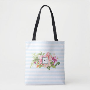 Monogram Vintage Flowers Pink Blue Pastel Tote Bag