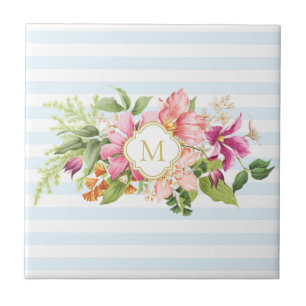 Monogram Vintage Flowers Pink Pastel Ceramic Tile