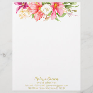 Monogram Vintage Flowers Pink Pastel Letterhead