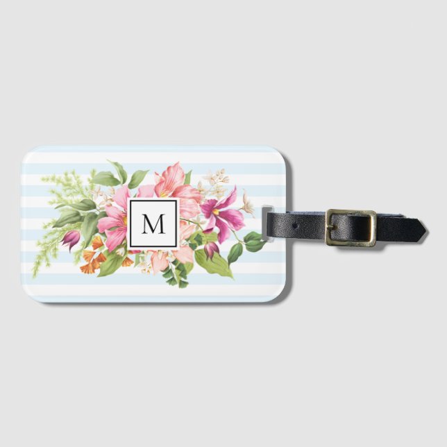 Monogram Vintage Flowers Pink Pastel Luggage Tag (Front Horizontal)