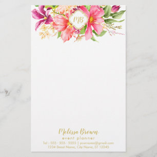 Monogram Vintage Flowers Pink Purple Stationery