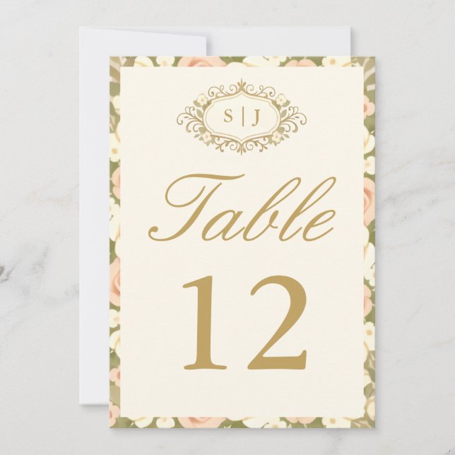 Monogram Vintage Ivory Wedding Table Number (Front)