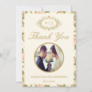 Monogram Vintage Ivory Wedding Thank You Card
