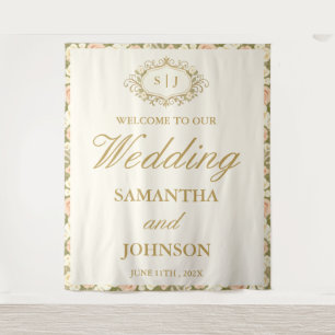 Monogram Vintage Ivory Wedding Welcome Backdrop Tapestry