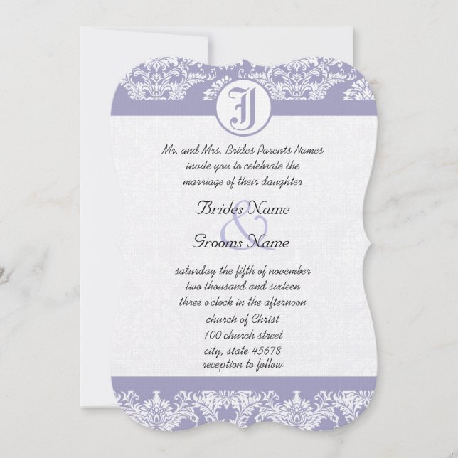 Monogram Vintage Lavender Damask Photo Wedding Invitation (Front)