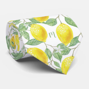 Monogram Vintage Lemon Fruits Leaves and Flowers Tie