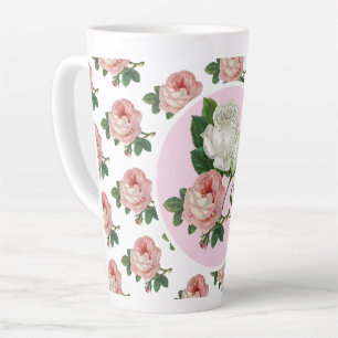 Monogram Vintage Pink Rose Floral a Chic Latte Mug