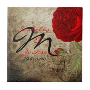 Monogram Vintage Red Rose on Grunge Background Tile