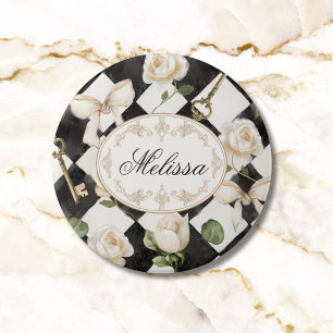 Monogram Vintage Rose Flowers Black White Diamond 7.5 Cm Round Badge