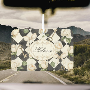 Monogram Vintage Rose Flowers Black White Diamond Car Air Freshener