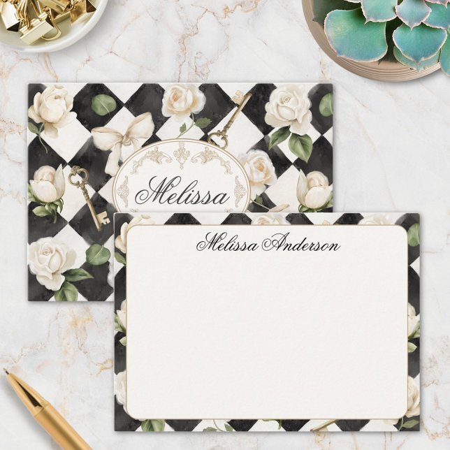 Monogram Vintage Rose Flowers Black White Diamond Card (In situ)