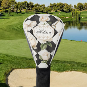 Monogram Vintage Rose Flowers Black White Diamond Golf Head Cover