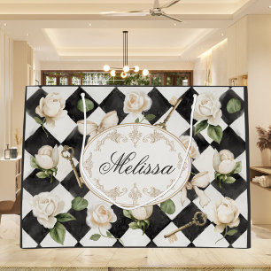 Monogram Vintage Rose Flowers Black White Diamond Large Gift Bag