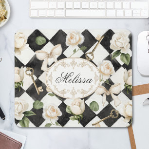 Monogram Vintage Rose Flowers Black White Diamond Mouse Pad