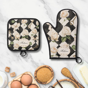 Monogram Vintage Rose Flowers Black White Diamond Oven Mitt & Pot Holder Set