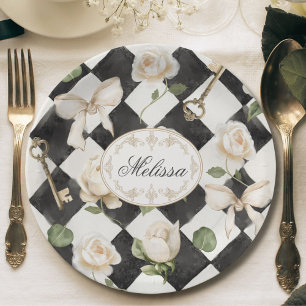 Monogram Vintage Rose Flowers Black White Diamond Paper Plate