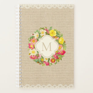 Monogram Vintage Roses Floral Wreath Linen Planner