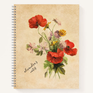 Monogram Vintage Rustic Bouquet Red Poppies Beige Notebook