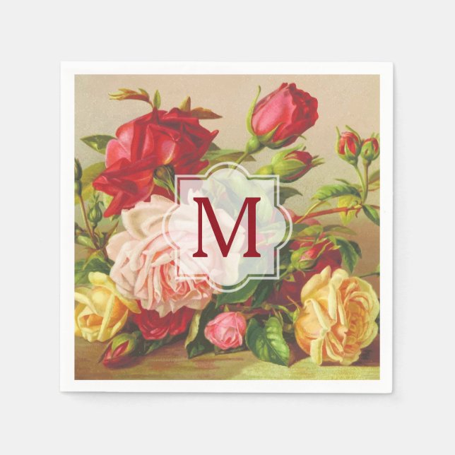 Monogram Vintage Victorian Roses Bouquet Flowers Napkin (Front)