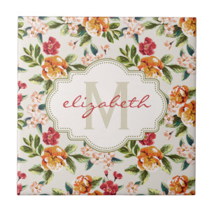 Monogram Vintage Victorian Watercolor Floral Ceramic Tile