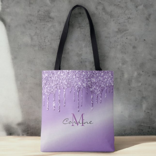 Monogram Violet Purple Dripping Glitter Metallic Tote Bag (Creator Uploaded)