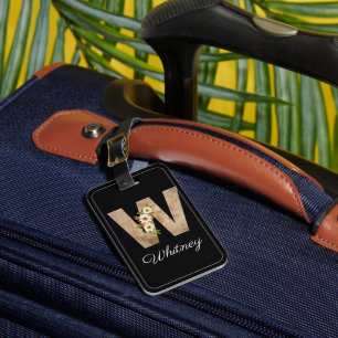 Monogram W black wood letter flower Luggage Tag