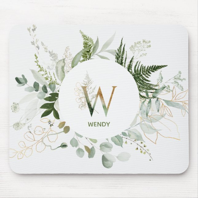 Monogram W Elegant Greenery Mouse Pad (Front)