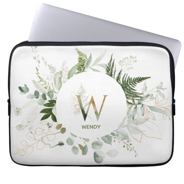 Monogram W Green Elegant Wreath Laptop Sleeve (Front)
