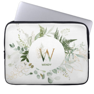 Monogram W Green Foliage Wreath Laptop Sleeve