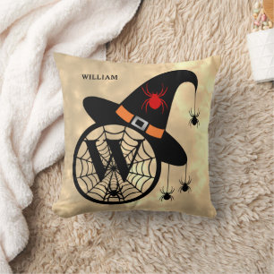 Monogram W Halloween Sky Witch Spiders Name Cushion