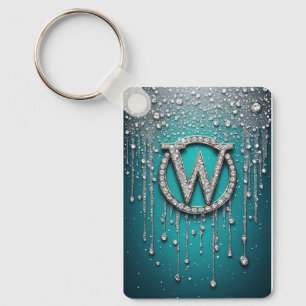 Monogram W on Teal Dripping Glitter Key Ring