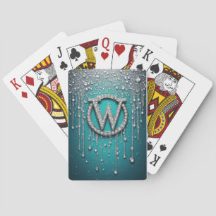Monogram W on Teal Dripping Glitter Playing Cards