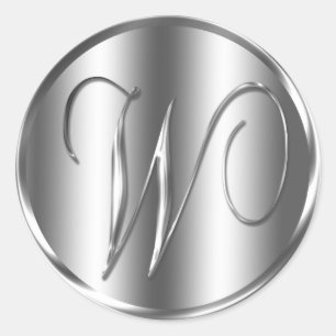 Monogram W Silver Colour Wedding Invitation Holida Classic Round Sticker