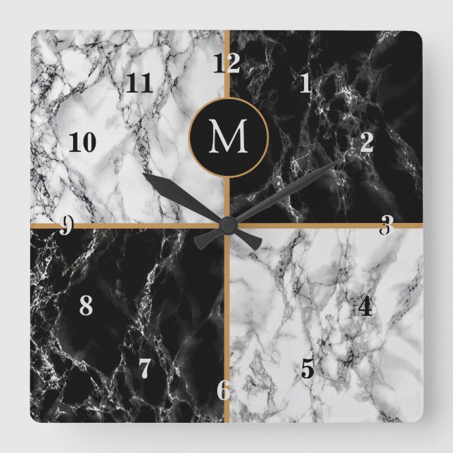 Monogram Wall Clock with Black White Marble (Front)