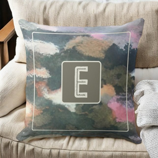 Monogram watercolor abstract camo brown beige grey cushion (Creator Uploaded)