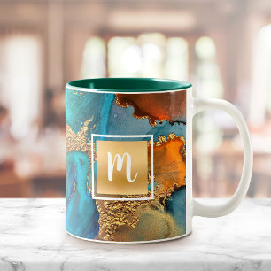Monogram watercolor agate gold turquoise orange Two-Tone coffee mug