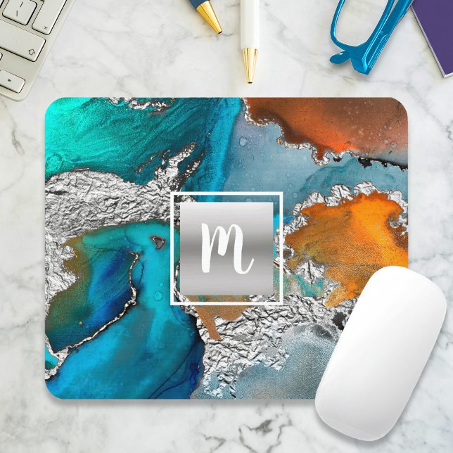 Monogram watercolor agate silver turquoise orange mouse pad (Creator Uploaded)