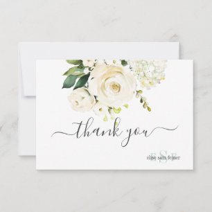 Monogram Watercolor Alabaster Roses Hydrangea Thank You Card