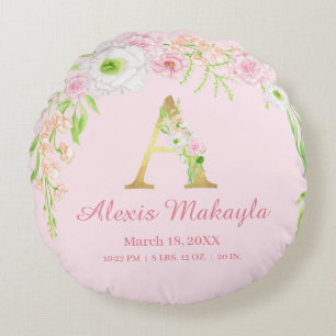 Monogram Watercolor Baby Stats Round Cushion