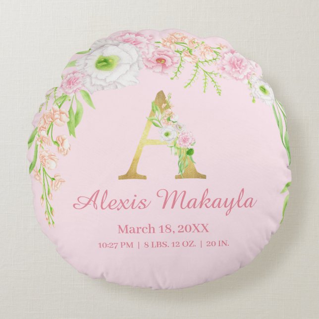 Monogram Watercolor Baby Stats Round Cushion (Front)